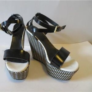 JEANNOT BLACK  LEATHER WEDGE SANDALS SIZE 37/7